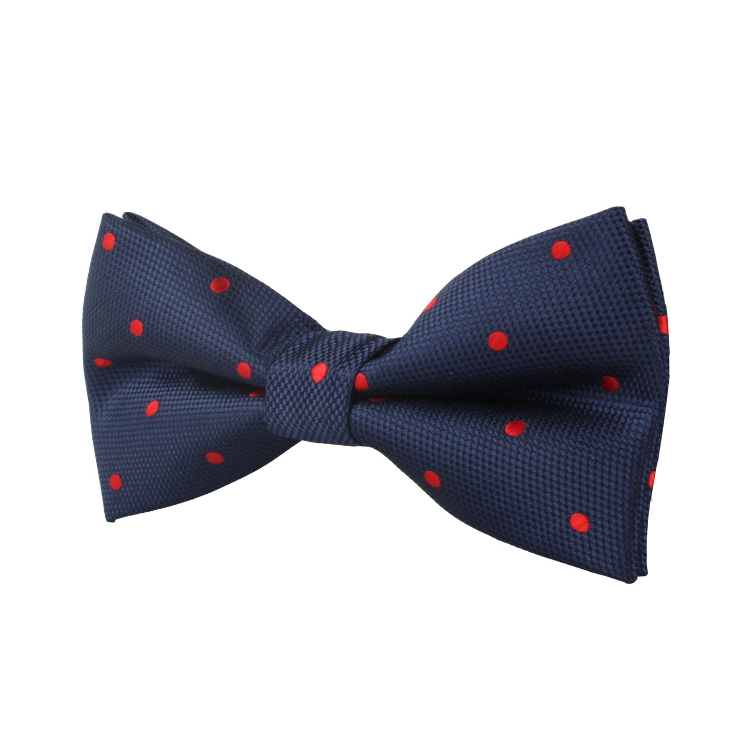 The Red Polka Dot Bow Tie features a navy blue base with striking red polka dots for a bold and fiery look, making it perfect for any formal occasion.