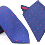 The Navy Red Polka Dot Business Tie & Pocket Square Set, expertly folded in a triangular shape, is perfect for business meetings.