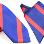 The Navy Red Stripe Business Tie & Pocket Square Set by AusCufflinks boasts bold red diagonal stripes, ideal for a polished look, with the tie and matching pocket square complementing each other beautifully on a crisp white background.