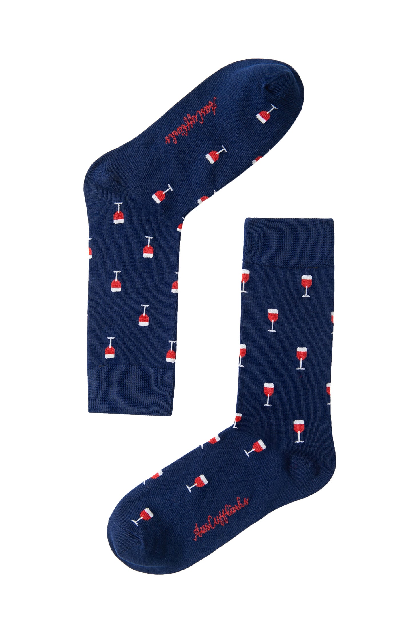 The Wine Socks feature a pair of navy blue socks adorned with red and white wine glass patterns, ideal for wine lovers. The elegant design is completed with red text on the soles, adding a sophisticated flair to any ensemble.