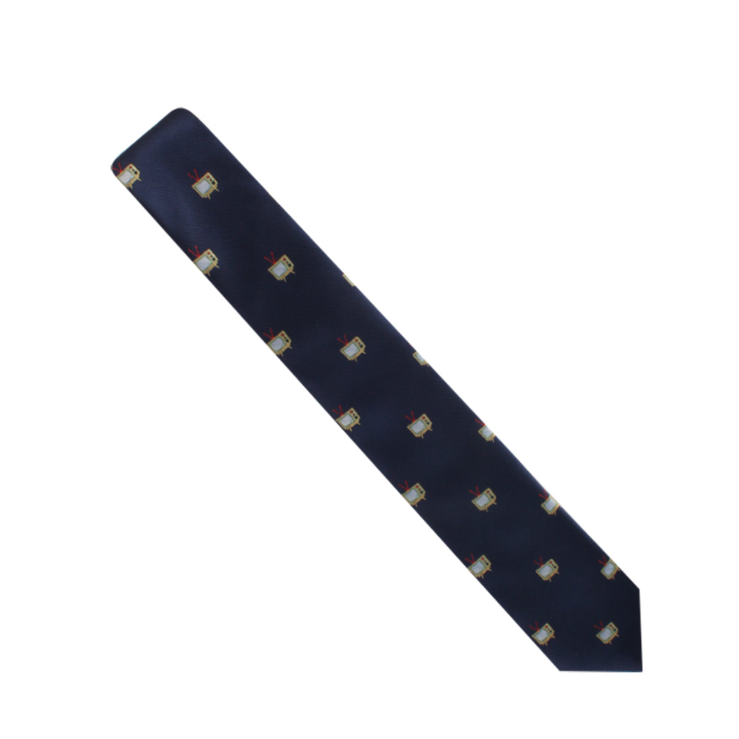 The Retro TV Tie is a dark blue necktie adorned with a repeating pattern of small, vibrant embroidered images, exuding an air of elegance.