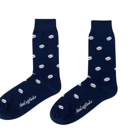 A pair of dark blue Rugby Socks with a white polka dot pattern, displayed on a white background.