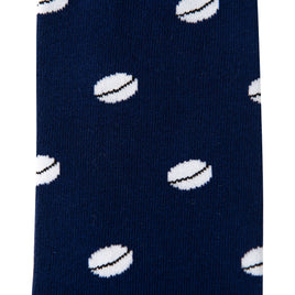 Close-up of a blue Rugby Sock featuring multiple white rugby ball patterns for a sporty stride.