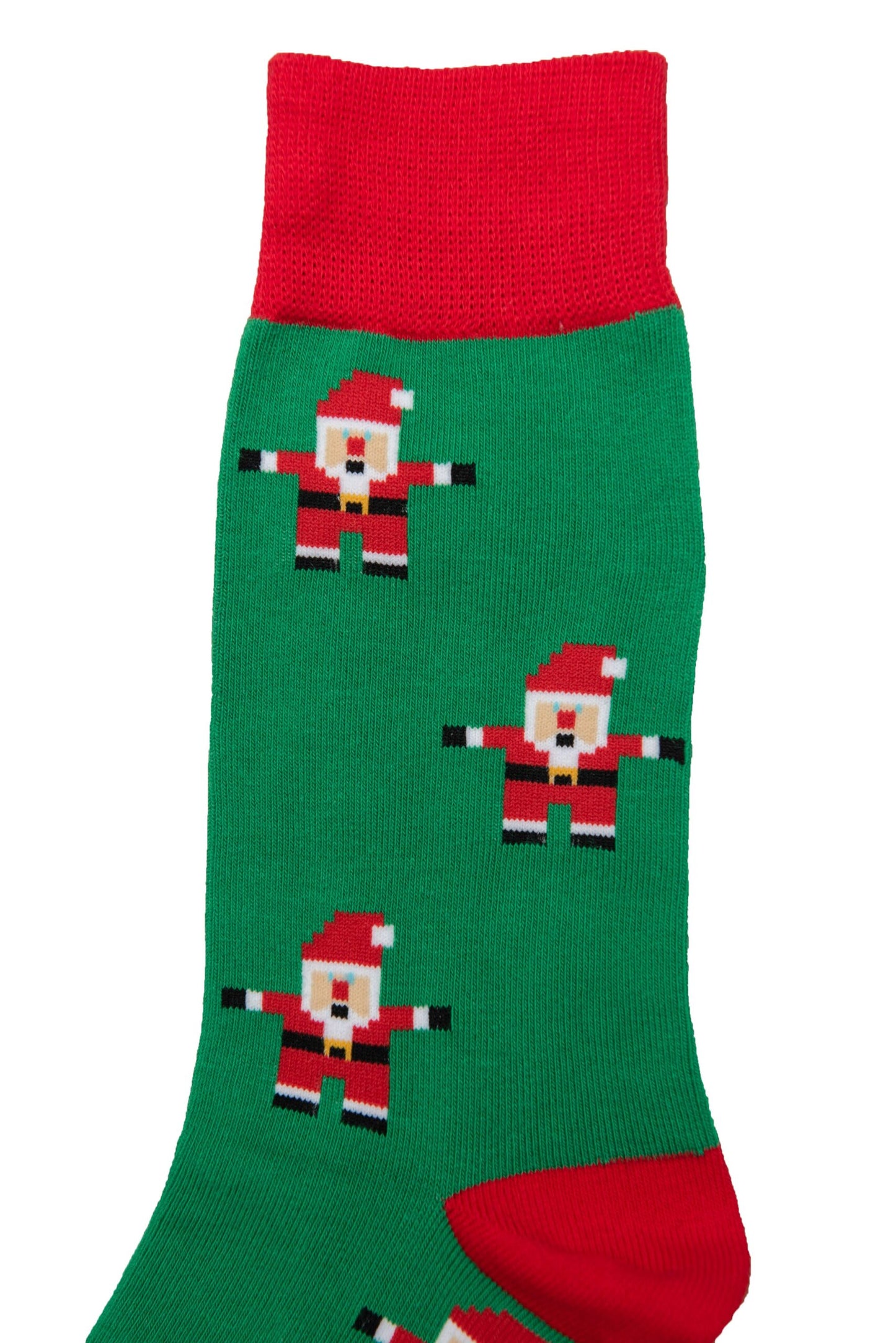 Santa Socks are green with a red toe, heel, and cuff, featuring a pattern of pixelated Santa Claus figures. They're perfect for spreading holiday cheer and giving your festive feet some seasonal flair.