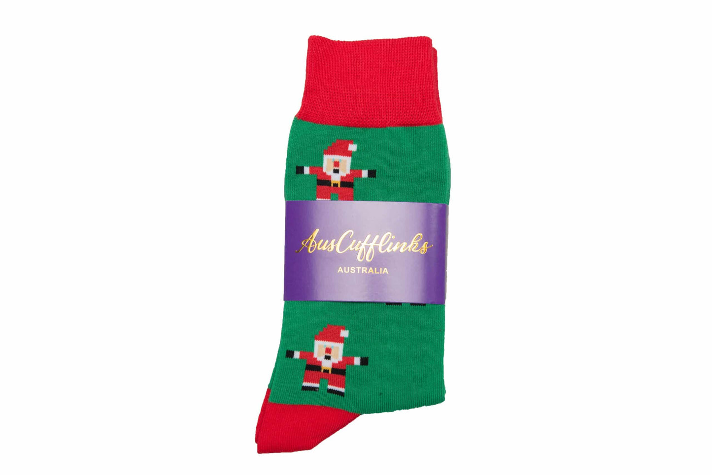 Santa Socks featuring a festive green and red design with Santa Claus, wrapped with a distinctive purple "AusCufflinks Australia" label. Perfect for adding holiday cheer to your merry feet!