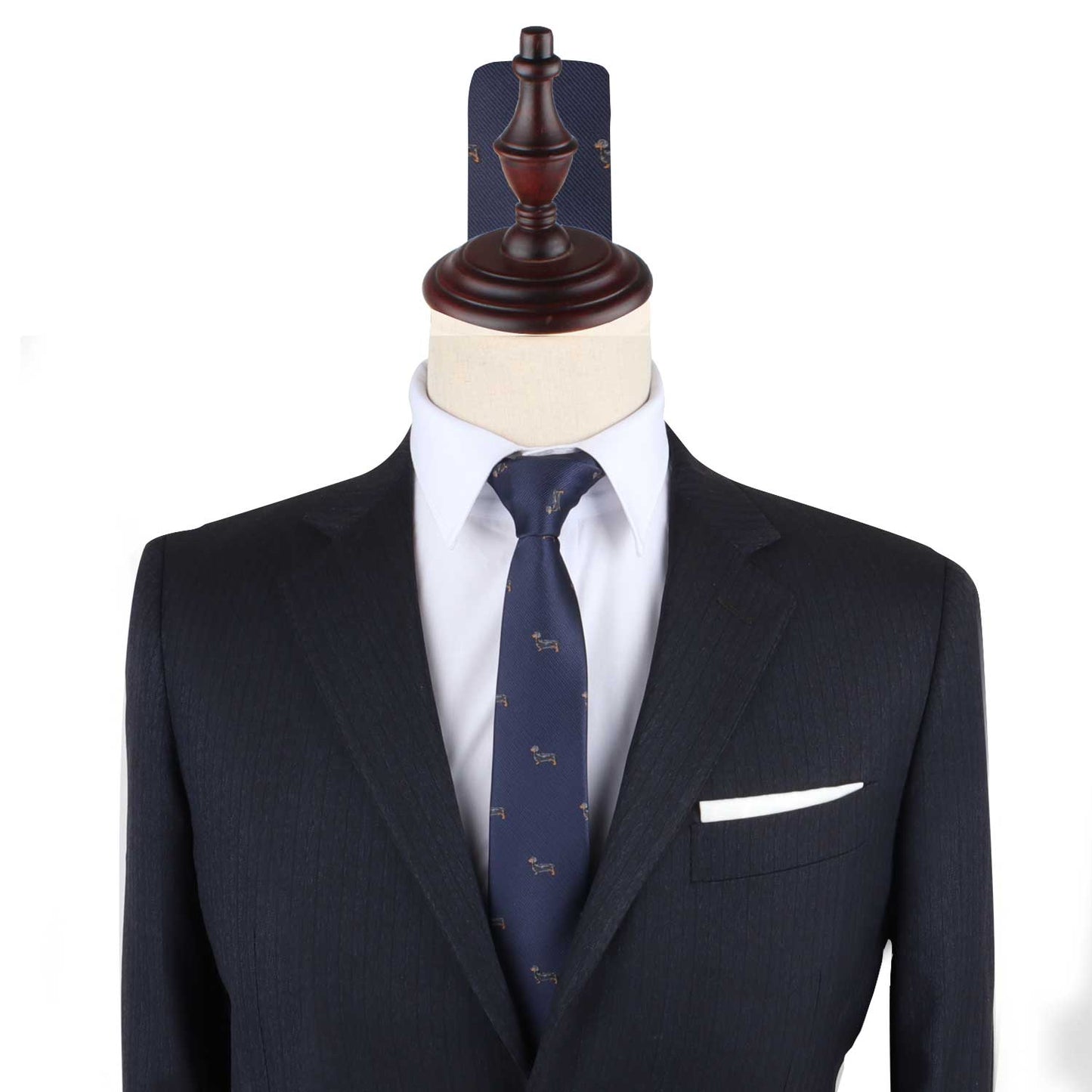 A Sausage Dog Slim Tie exuding quirky charm on a mannequin dummy.