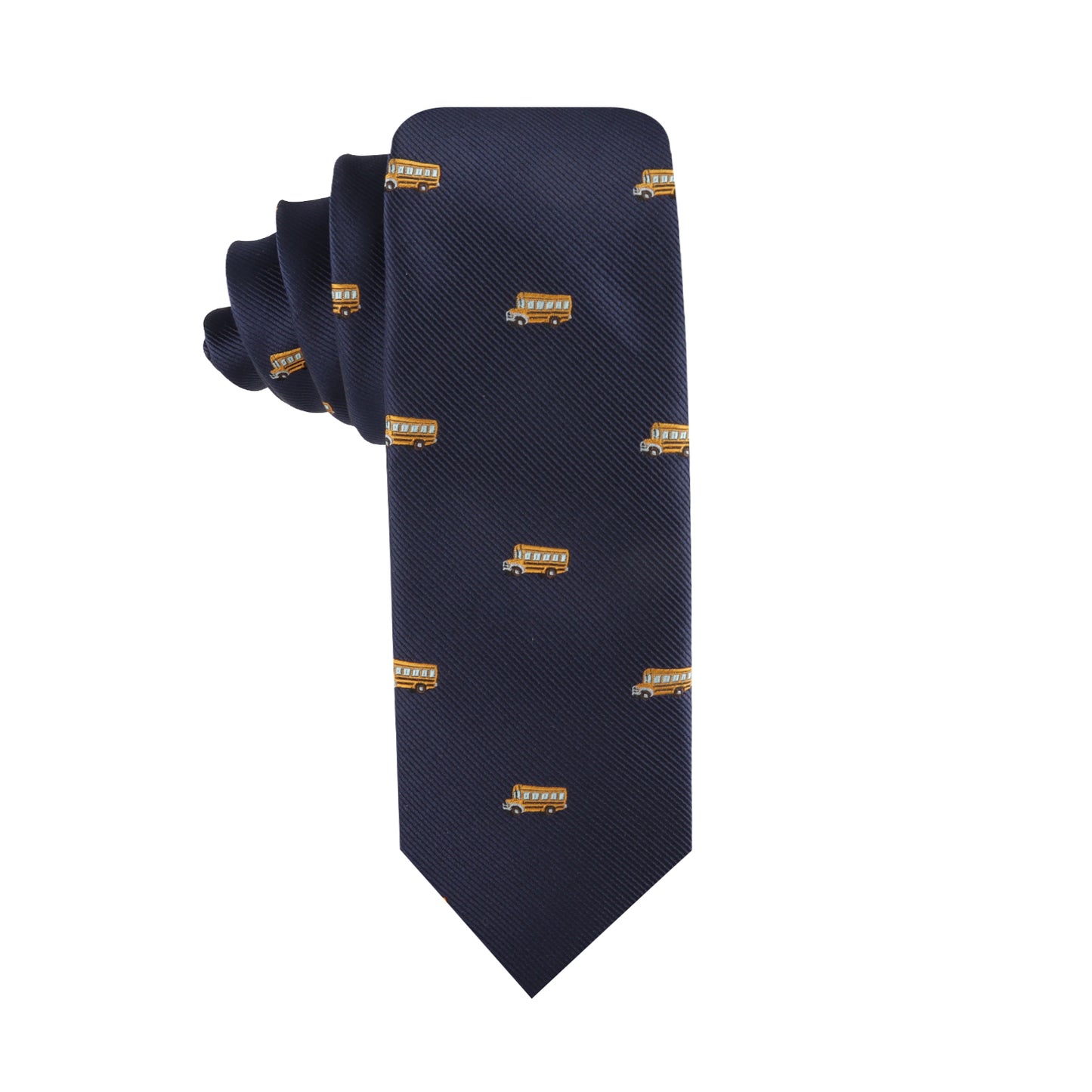 School Bus Thin Tie with a pattern of small yellow and brown rectangular logos, displayed against a white background.