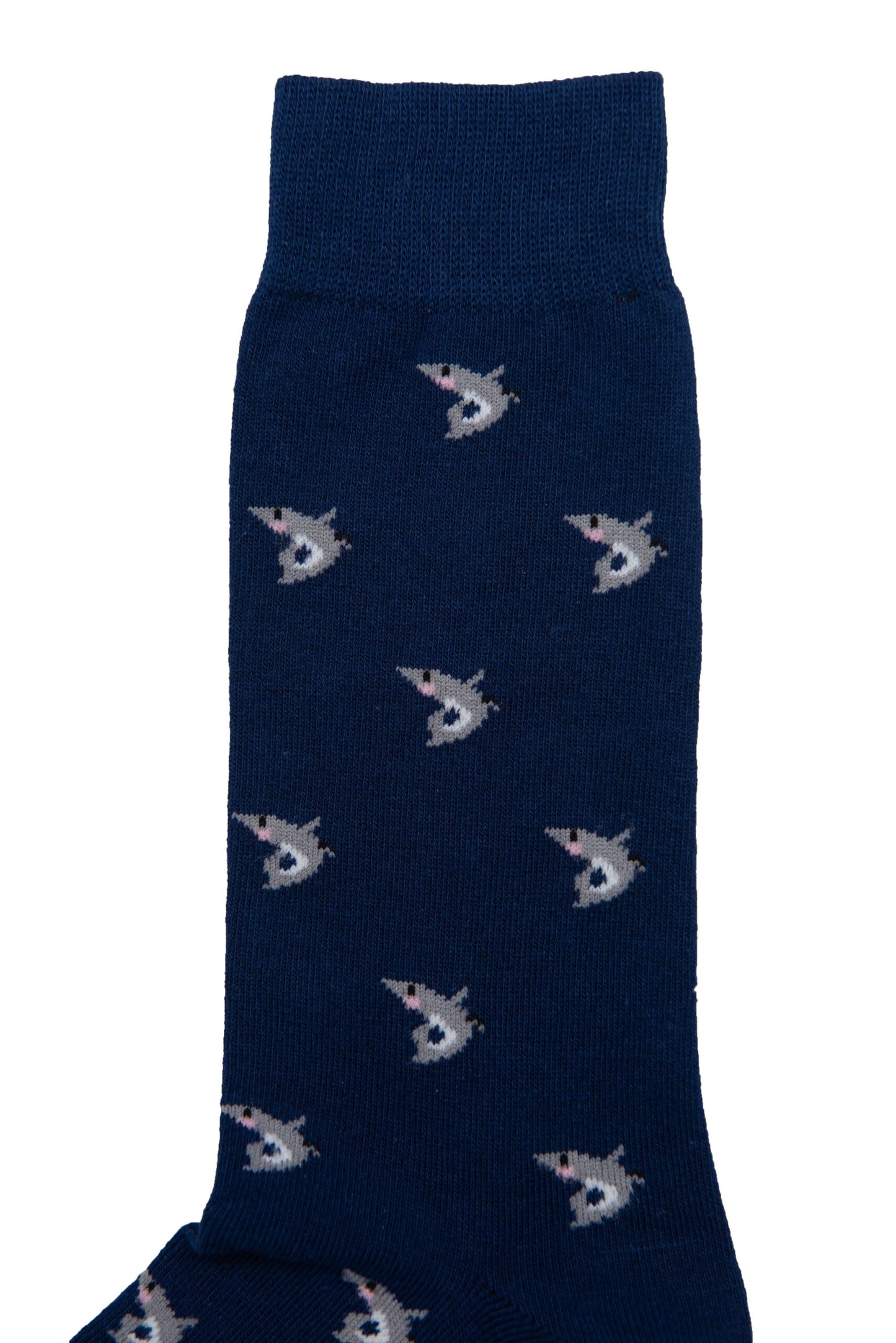 A single Shark Sock in navy blue, featuring a deep-sea style with a pattern of small, light-colored shark designs.