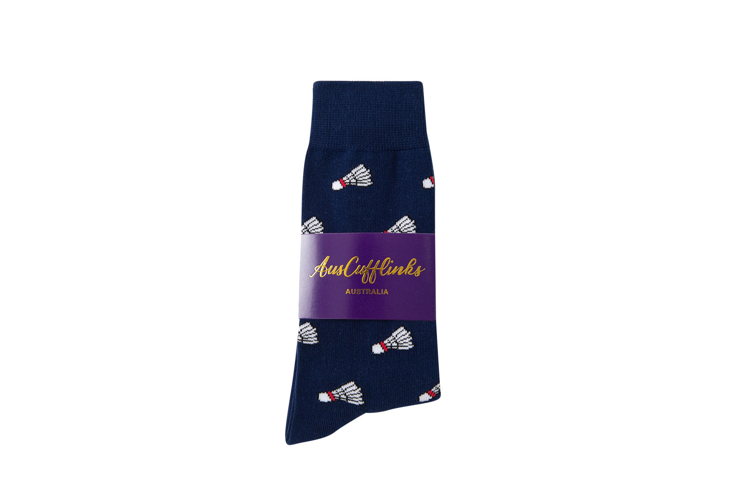 Badminton Socks in navy blue with a repeated shuttlecock print, wrapped in a purple band reading "AussieCufflinks AUSTRALIA" in gold. Moisture-wicking fabric keeps your feet comfy all day.