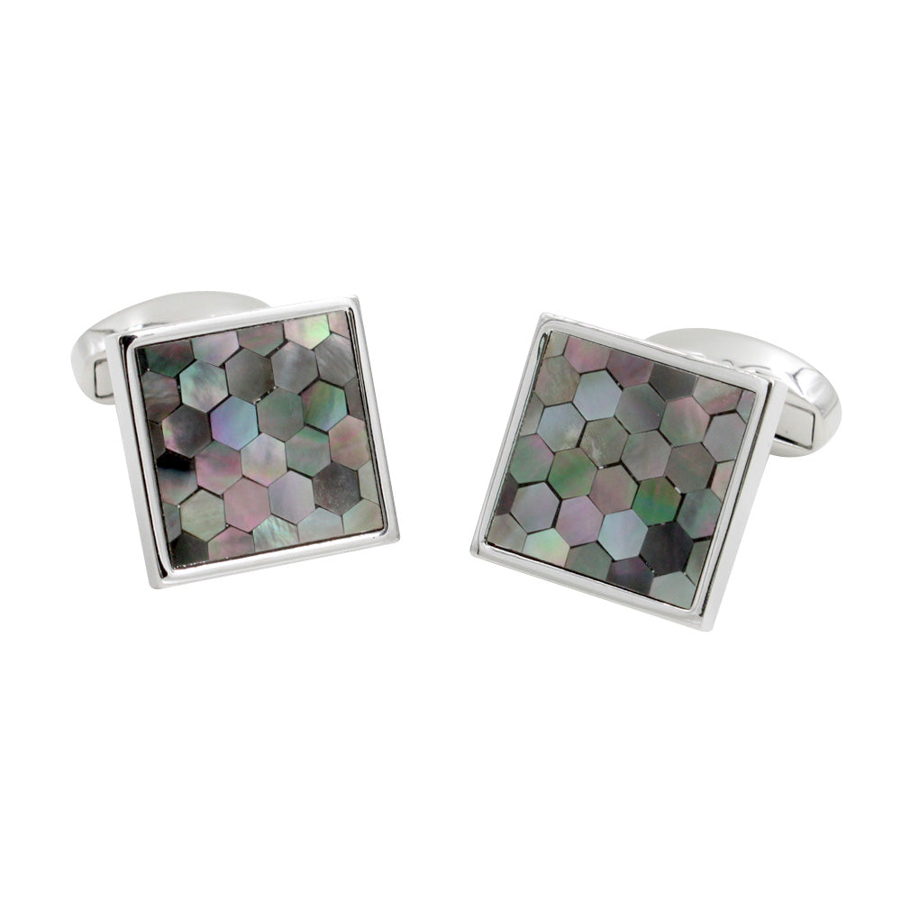A pair of Signature Malachite Cufflinks with a green elegance mosaic mother-of-pearl inlay.