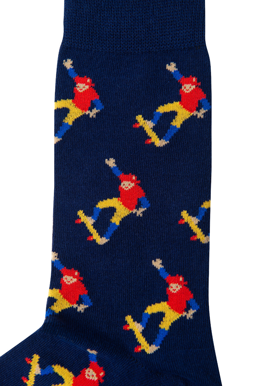 The Skateboarder Socks are blue and feature a playful cartoon character dressed in red and yellow, holding one arm up while riding a skateboard. Enjoy street-smart comfort with this stylish design.