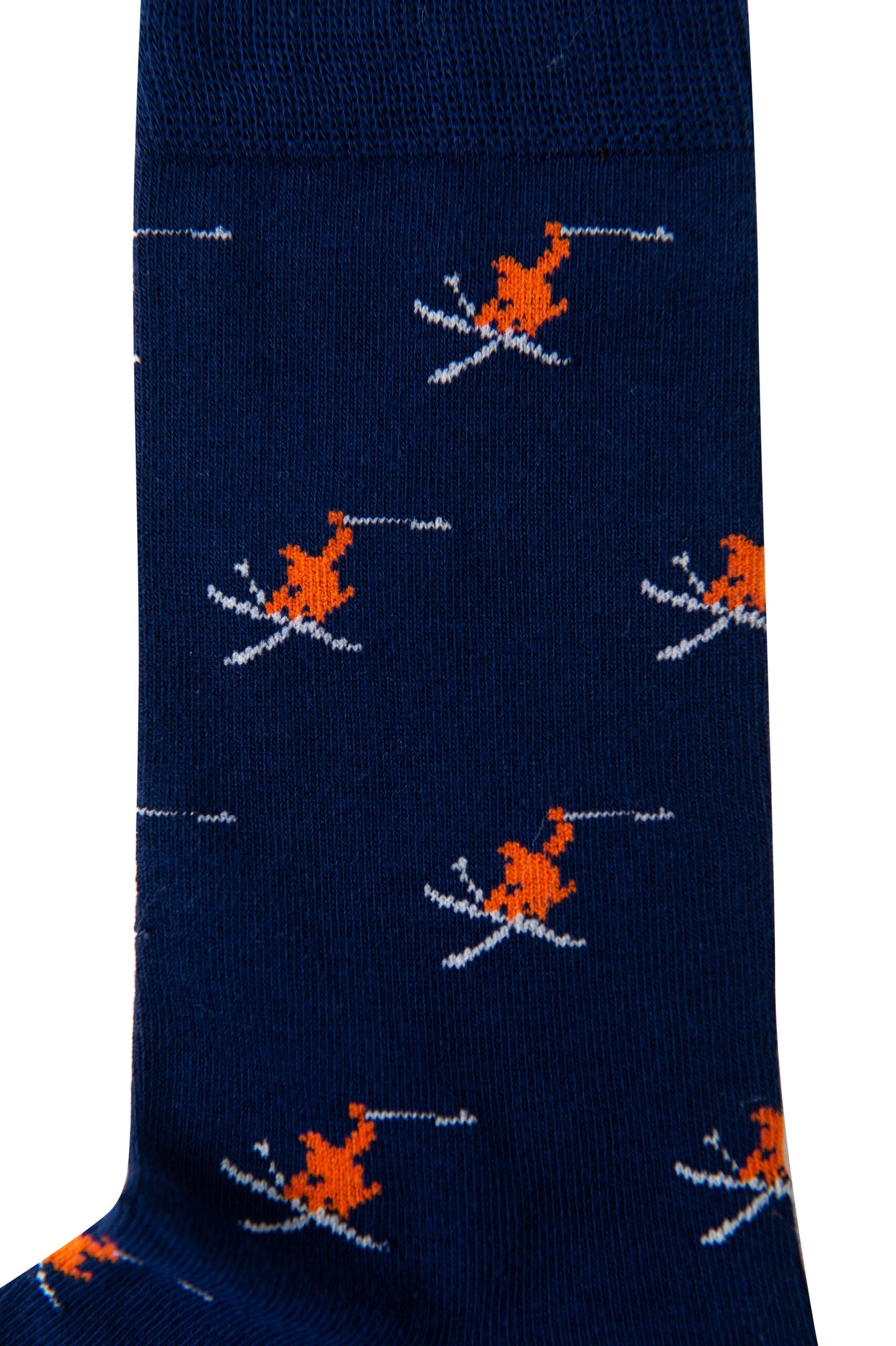 Close-up of Ski Socks in navy blue, showcasing a vibrant skier pattern with orange skiers in motion, complete with ski poles and skis.