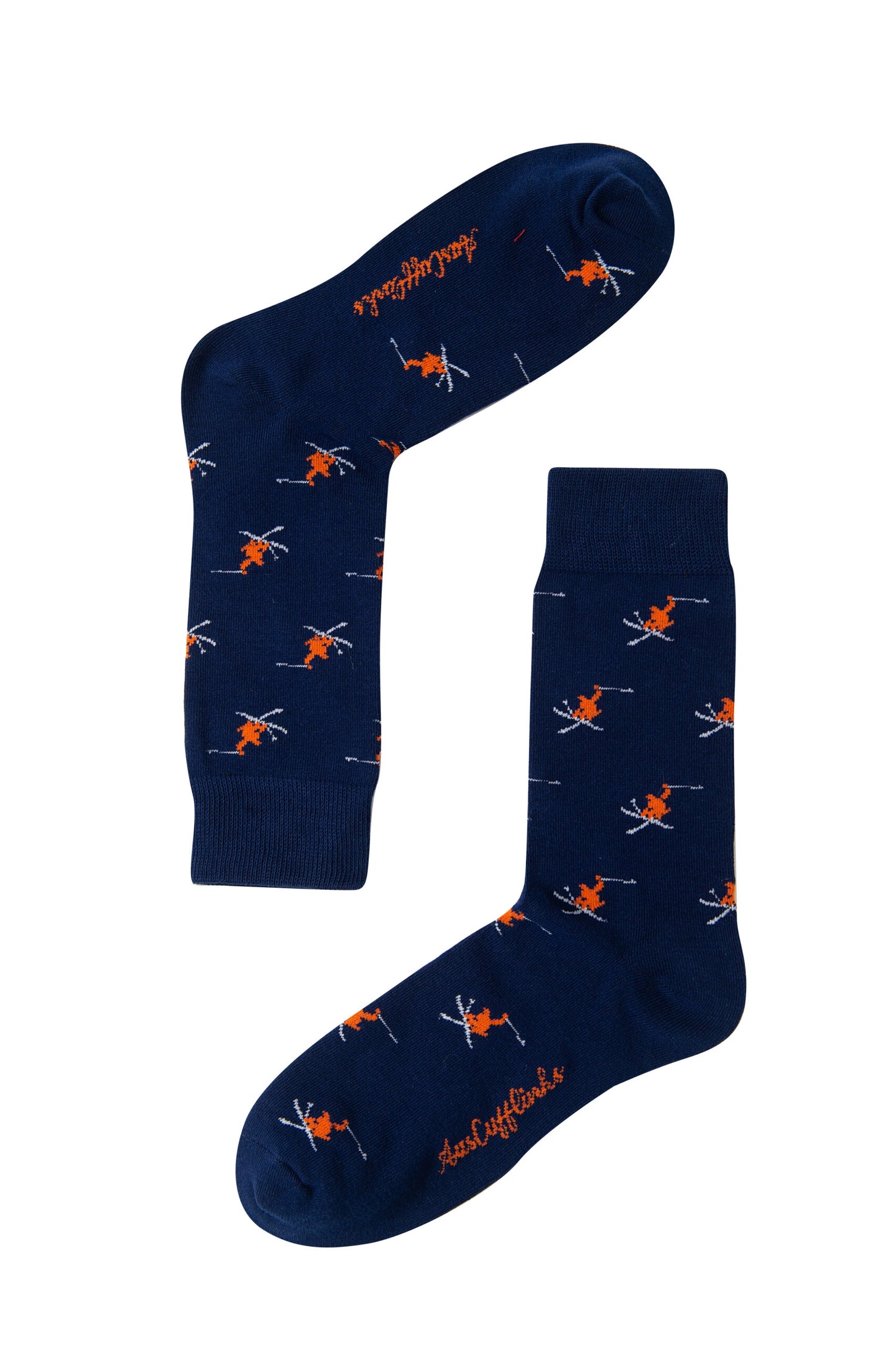 Ski Socks in navy blue with an orange skier print and “Après-Ski Club” text by the toes.