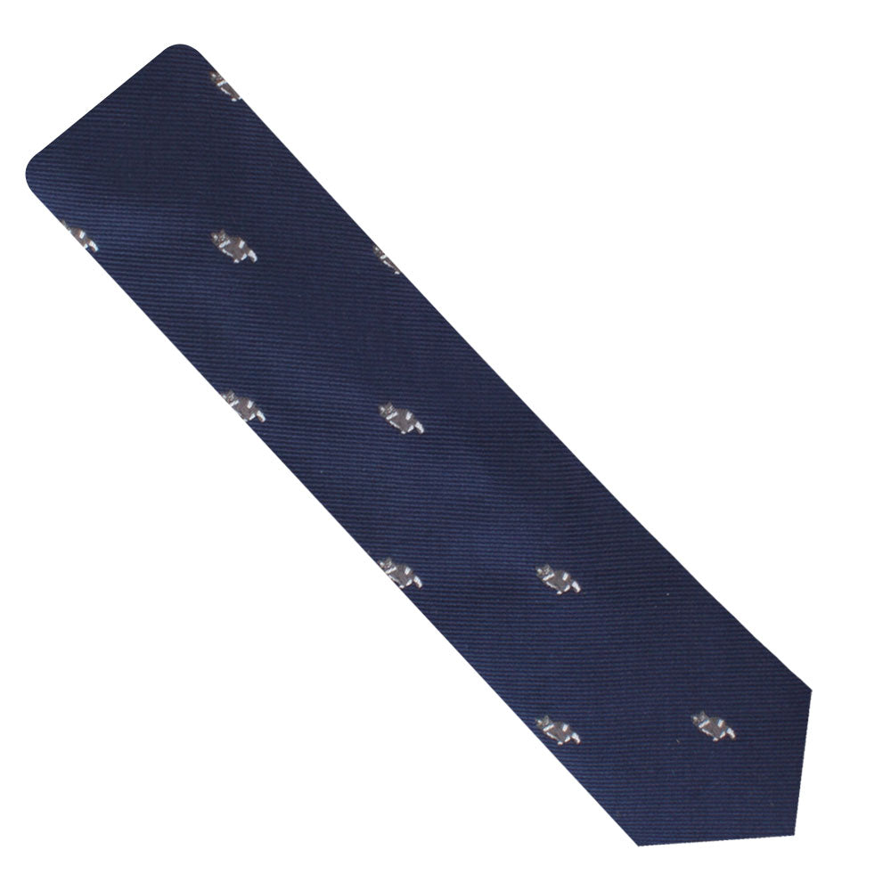 A Skinny Cat Tie with a subtle pattern of small white fish motifs evenly spaced throughout, perfect for cat lovers who appreciate charm and sophistication.