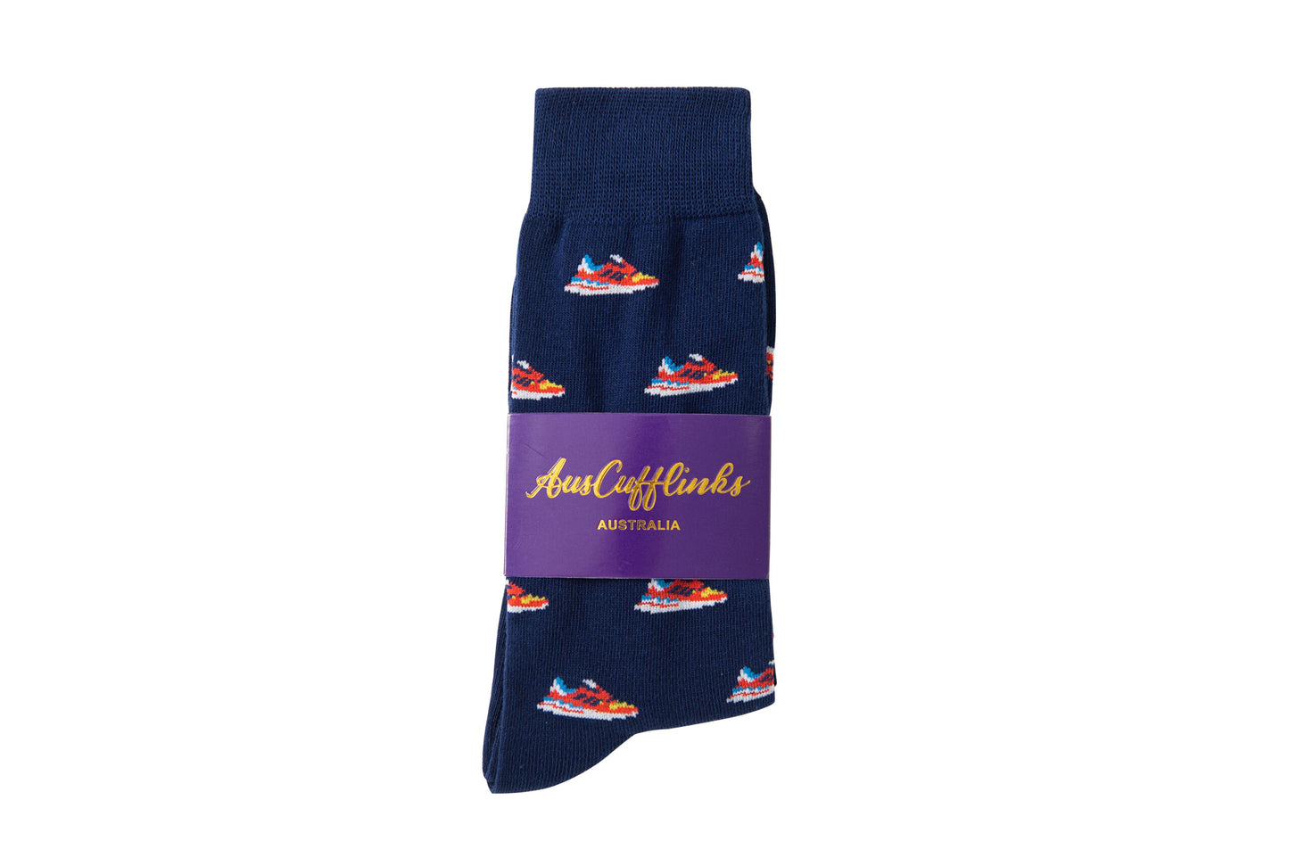 Sneaker Socks in navy blue featuring a boat pattern, wrapped in a purple band labeled "AustCufflinks Australia.