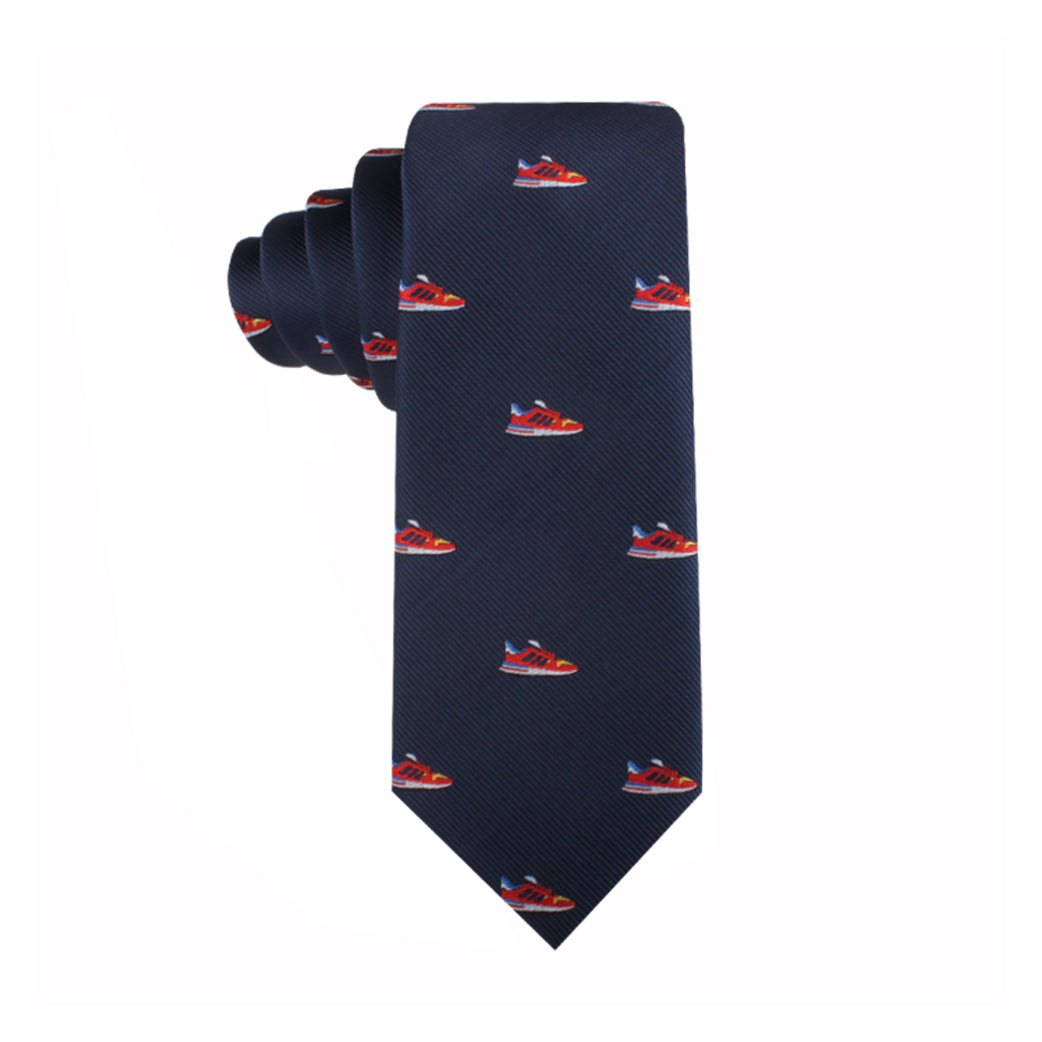 Navy blue Sneaker Thin Tie with small embroidered images of red sneakers, adding a touch of modern style and urban flair.