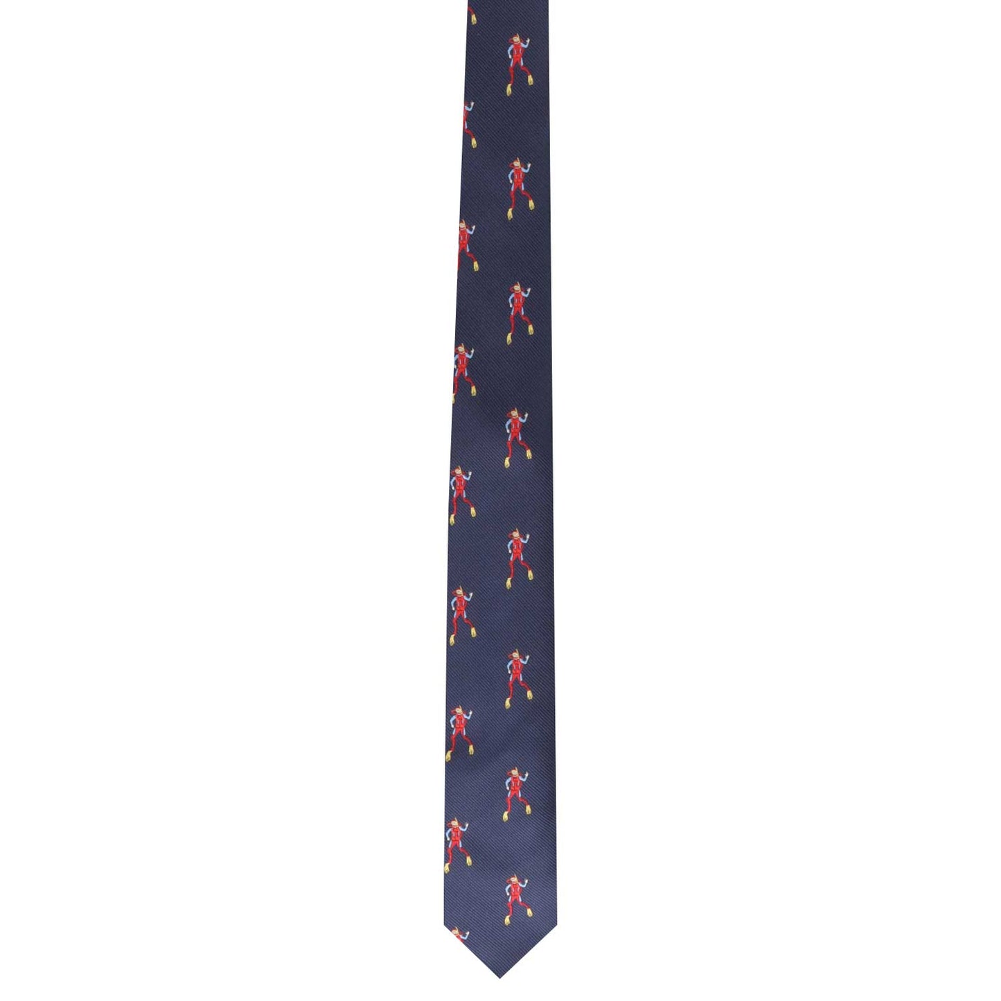 A dark blue Snorkeling Necktie featuring a stylish repeating pattern of small red, yellow, and white rocket ships.