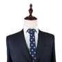 A mannequin is dressed in a dark pinstripe suit, white dress shirt, and a Soccer Slim Tie, effortlessly blending timeless class with dynamic sportsmanship.