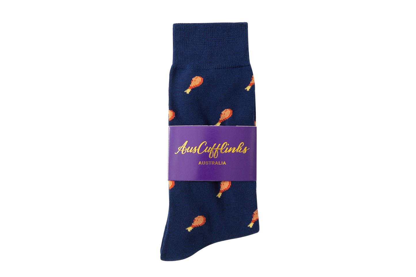 Strawberry Cake Socks: Blue socks featuring an orange chicken drumstick pattern, styled in layers and wrapped with a purple band labeled "Aust Cufflinks Australia.