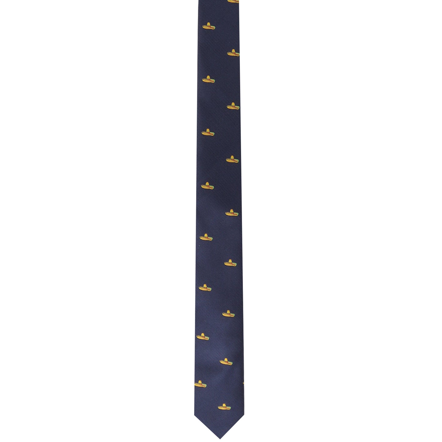 Introducing the Sombrero Skinny Tie: a dark blue tie featuring a charming pattern of small yellow rubber ducks, perfect for adding a touch of playfulness to your attire.
