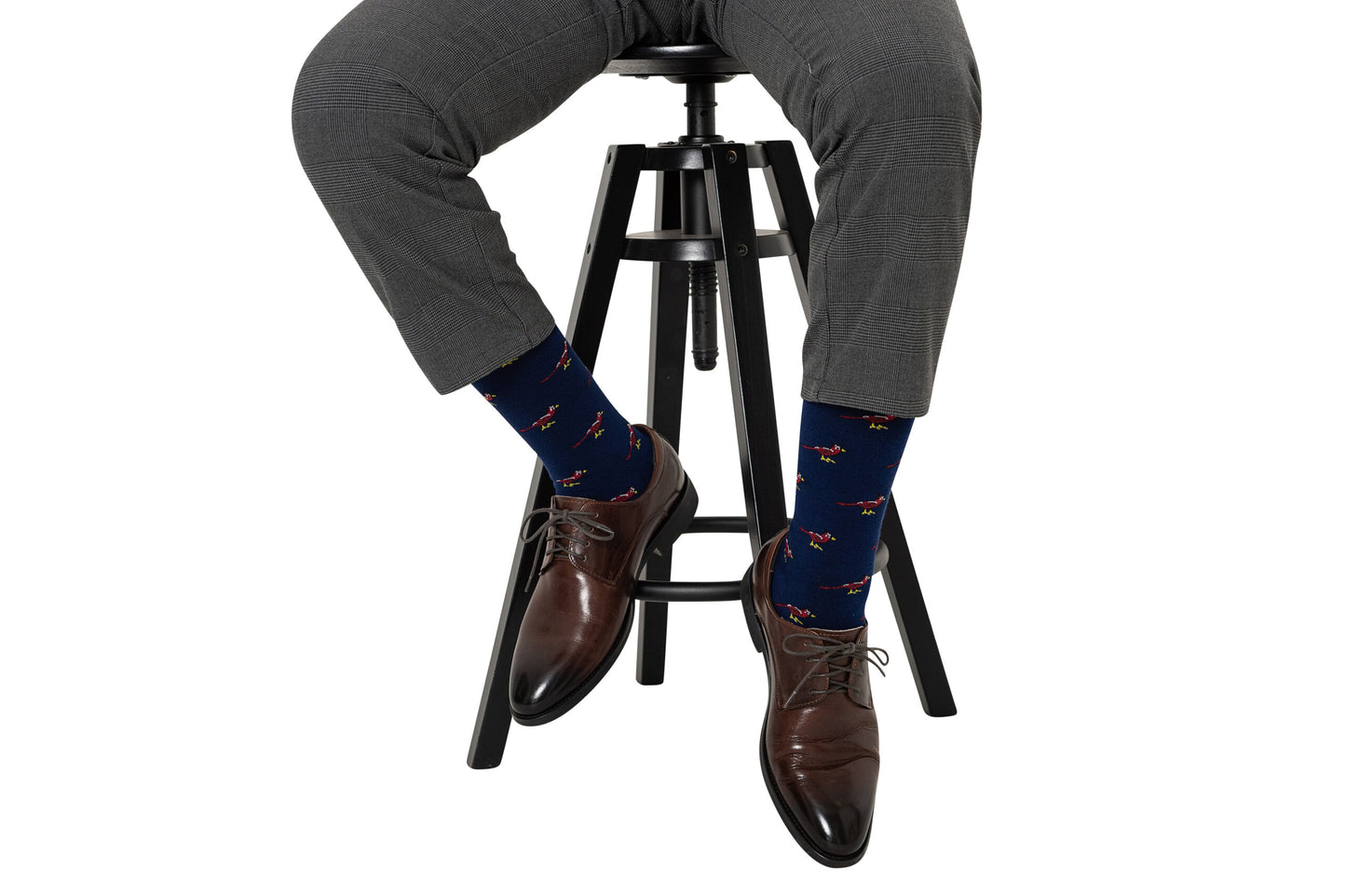A person sitting on a stool, wearing Cardinal Bird Socks.