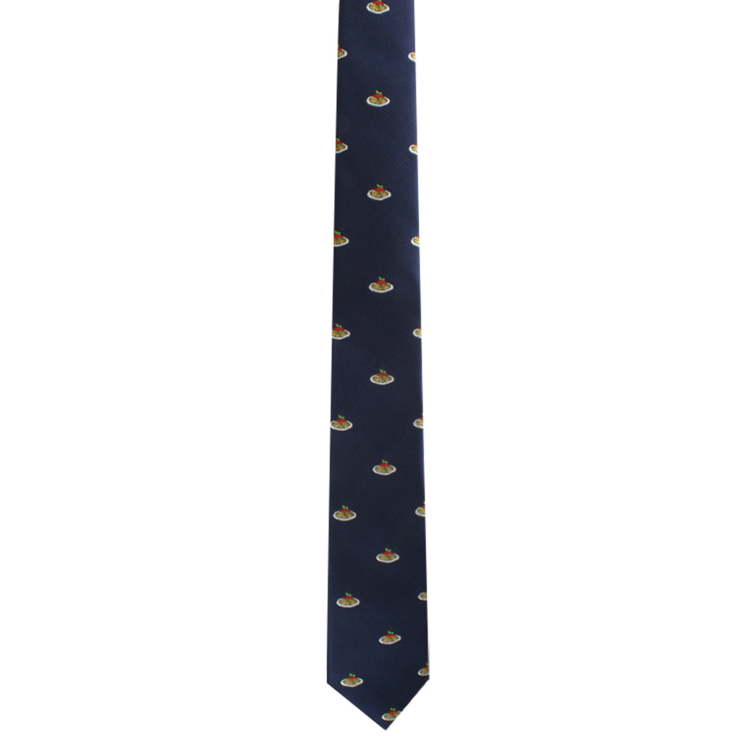 The Spaghetti Necktie is a dark blue necktie adorned with a small, repetitive pattern of gold and red spherical designs, adding a touch of Italian flair to its modern style.