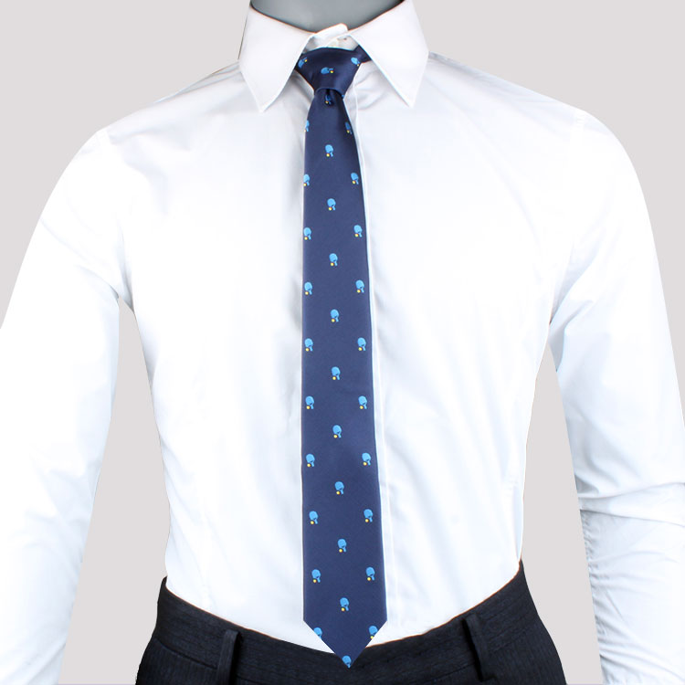 Mannequin exuding refined charm in a white dress shirt, a Sports Theme Tie, and black trousers against a plain background.