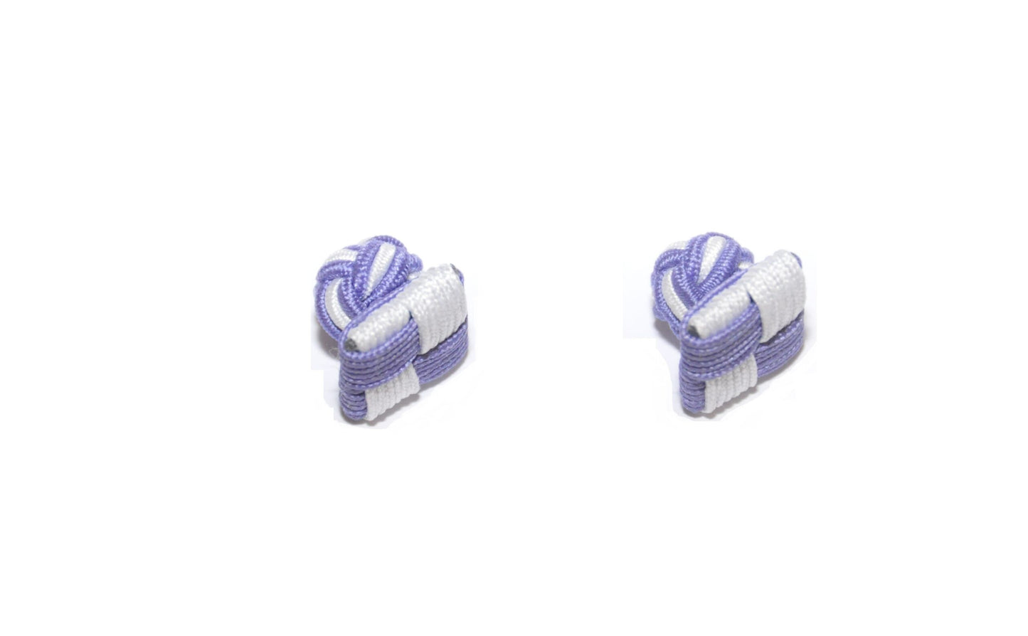 Two small, square fabric cufflinks, named Purple & White Square Cufflinks by AusCufflinks, rest elegantly on a white background, showcasing a subtle geometric design.
