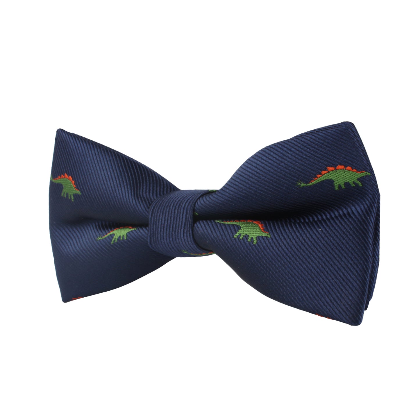 The Stegosaurus Bow Tie, adorned with small green and red dinosaur patterns on a navy blue fabric, adds a touch of prehistoric panache to any ensemble.