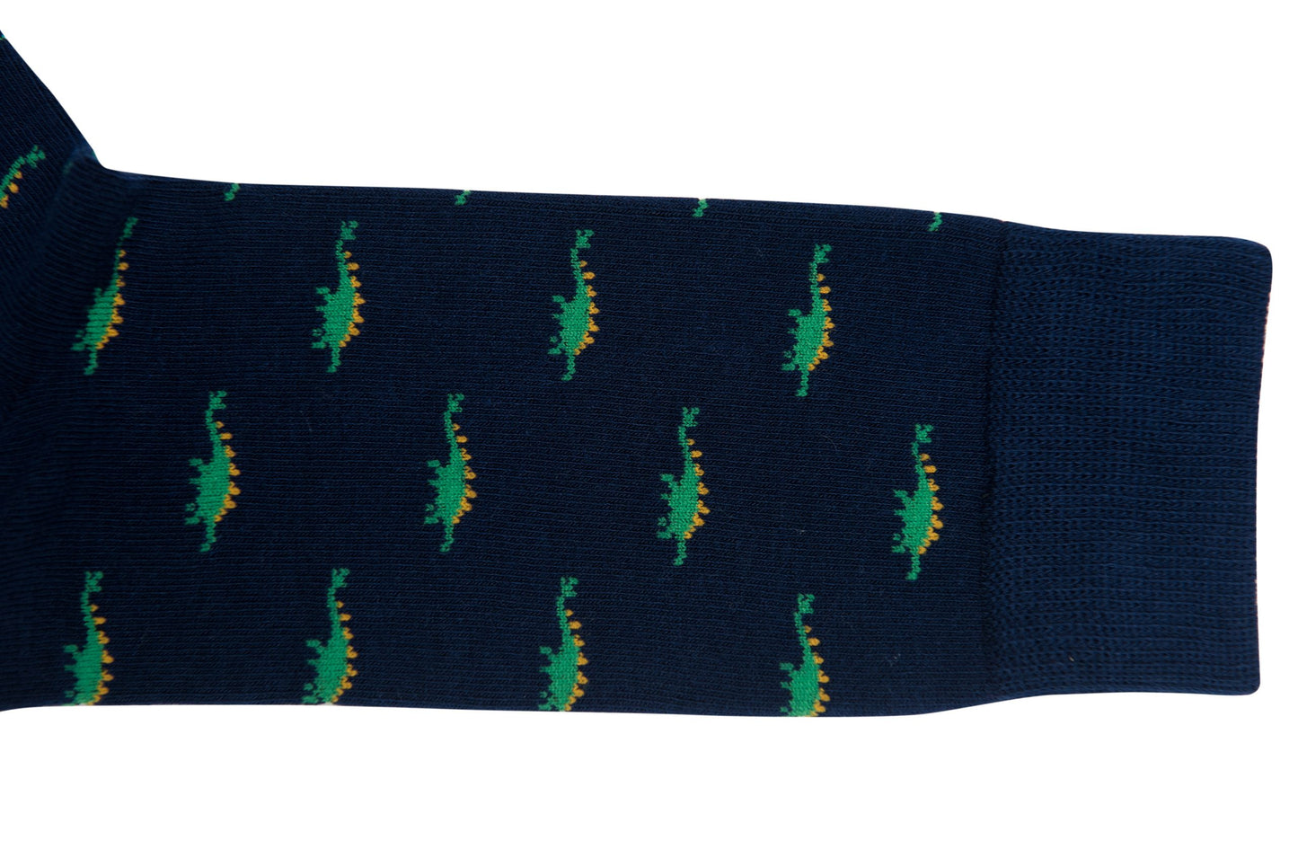Dark blue Stegosaurus sock with whimsical green and orange caterpillar pattern.