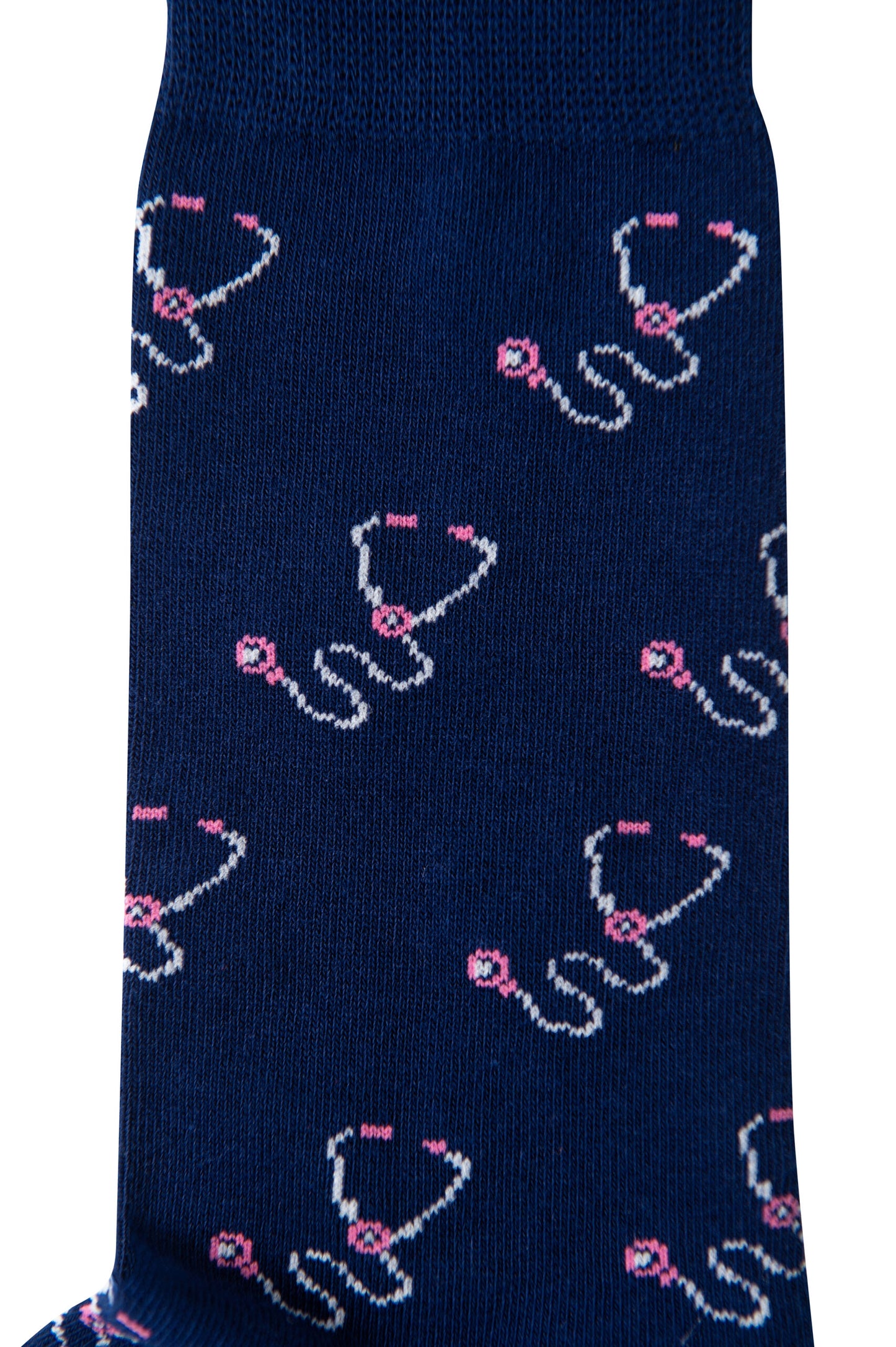 Close-up of Stethoscope Socks in navy blue, showcasing a playful pattern of pink and white stethoscopes—ideal for healthcare professionals.