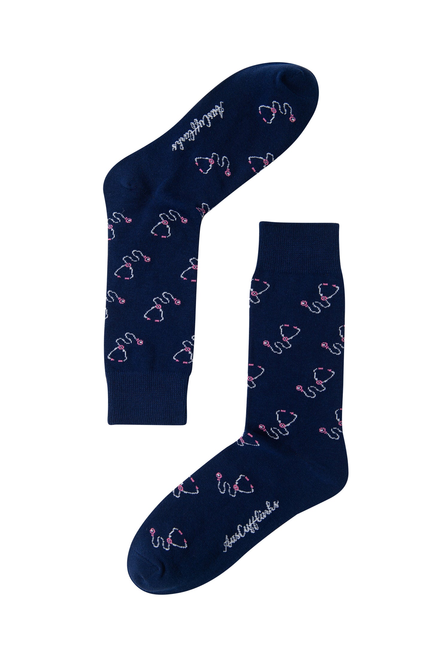 Navy blue Stethoscope Socks with a pink flamingo pattern and white cursive text on the soles—add fun to your medical wardrobe!.