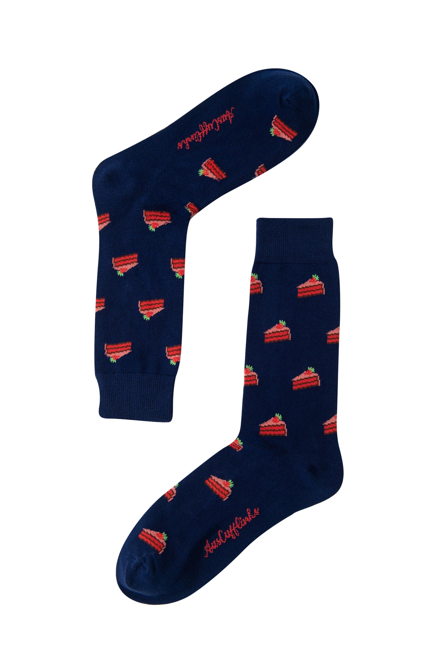 Strawberry Cake Socks in navy blue, displaying a playful pattern of red cake slices with green garnish—perfect for dessert lovers.