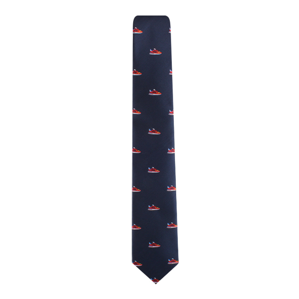A navy blue Streetwear Tie featuring a repeating pattern of red jet skis, adding a touch of modern style to your wardrobe.