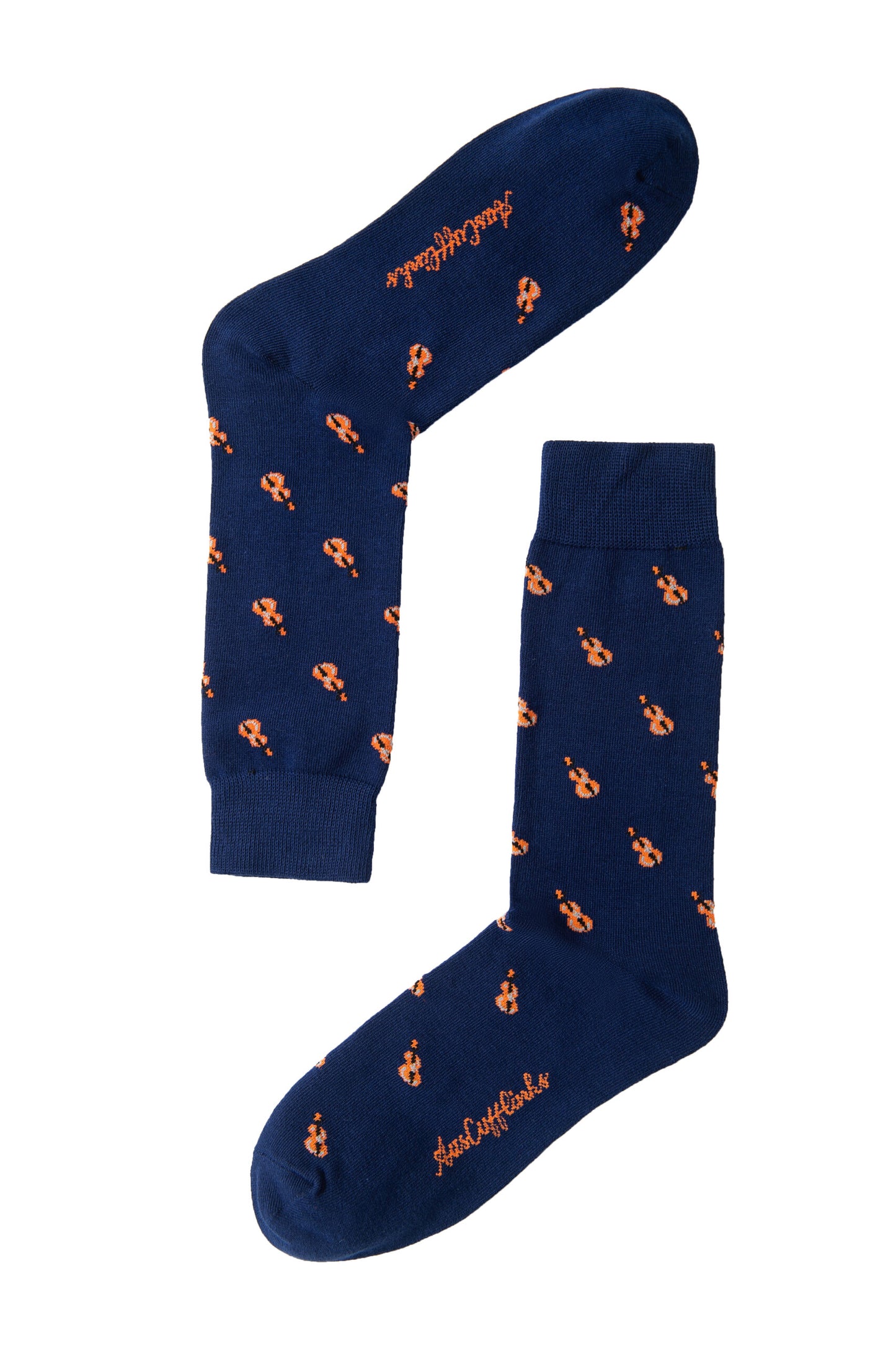 A pair of Violin Socks in navy blue, adorned with vibrant orange guitar patterns and text on the cuff and sole, orchestrating a harmonious blend of style and comfort.