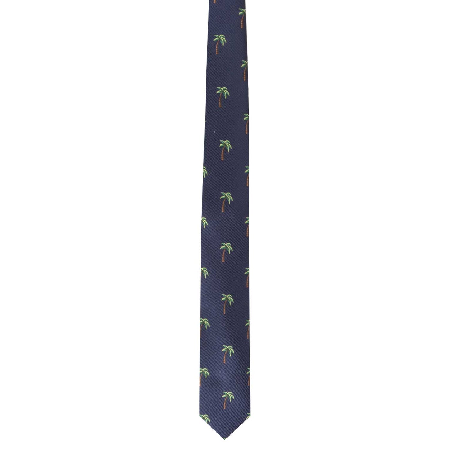 The Surf Style Tie features a dark blue background adorned with an evenly spaced pattern of small, green and brown palm trees, offering a touch of tropical allure.
