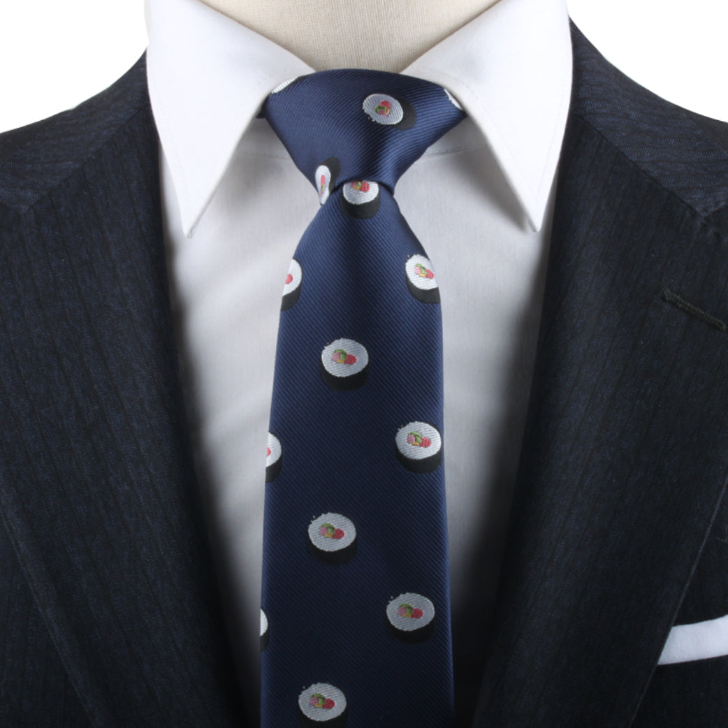 A person wearing a dark suit and white dress shirt with the Sushi Necktie exudes modern charm.