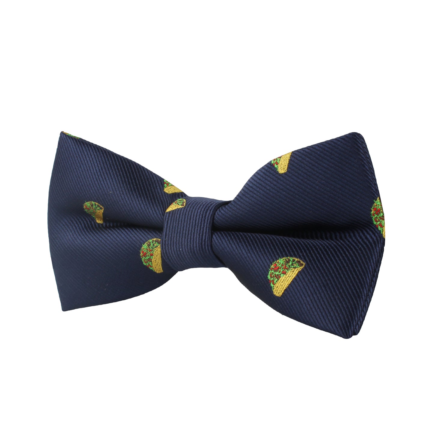 Navy blue Taco Bow Tie with small, flavorful yellow taco graphics throughout.