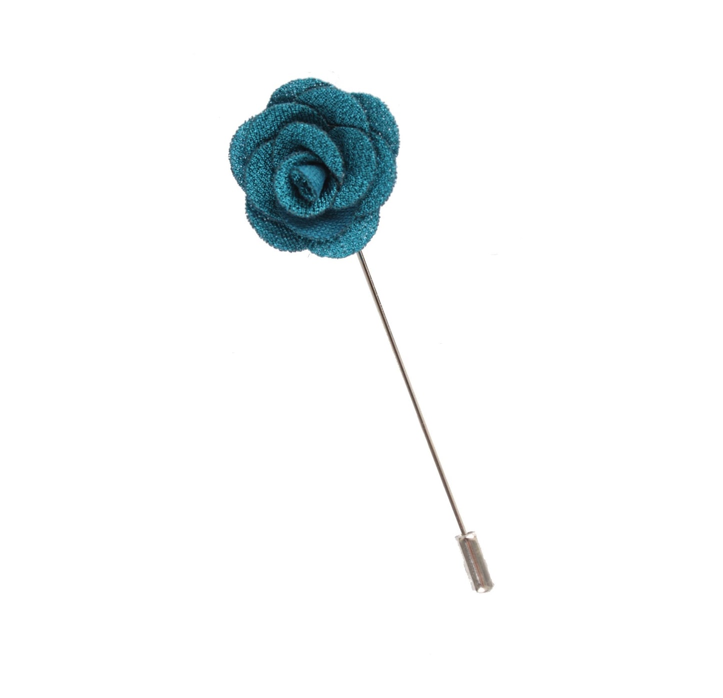 Enhance your suit with the Teal Flower Lapel Pin, featuring a teal fabric flower on a long silver pin with a cap, set elegantly against a white background.