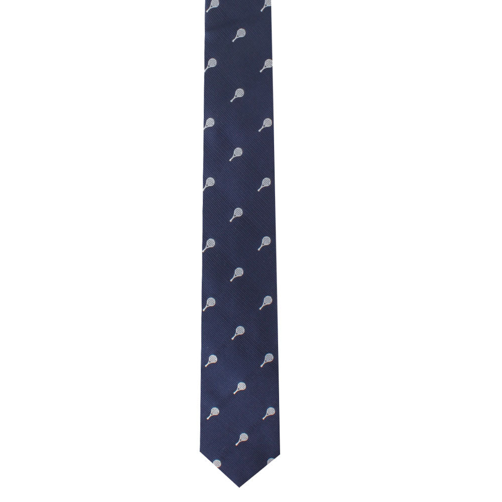 The Tennis Player Tie, featuring a dark blue background adorned with a pattern of small white and light blue tennis rackets evenly spaced throughout, epitomizes timeless refinement and athletic elegance.