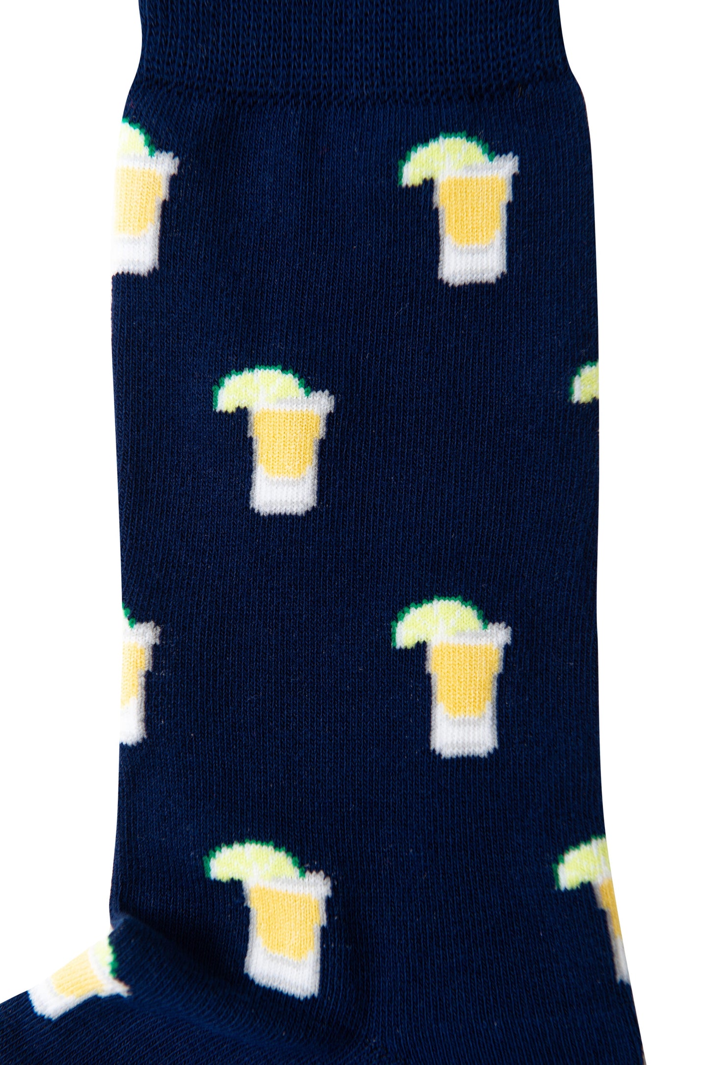 Tequila Socks: Navy blue party socks featuring small beer mugs topped with lime wedgesâideal for tequila lovers.
