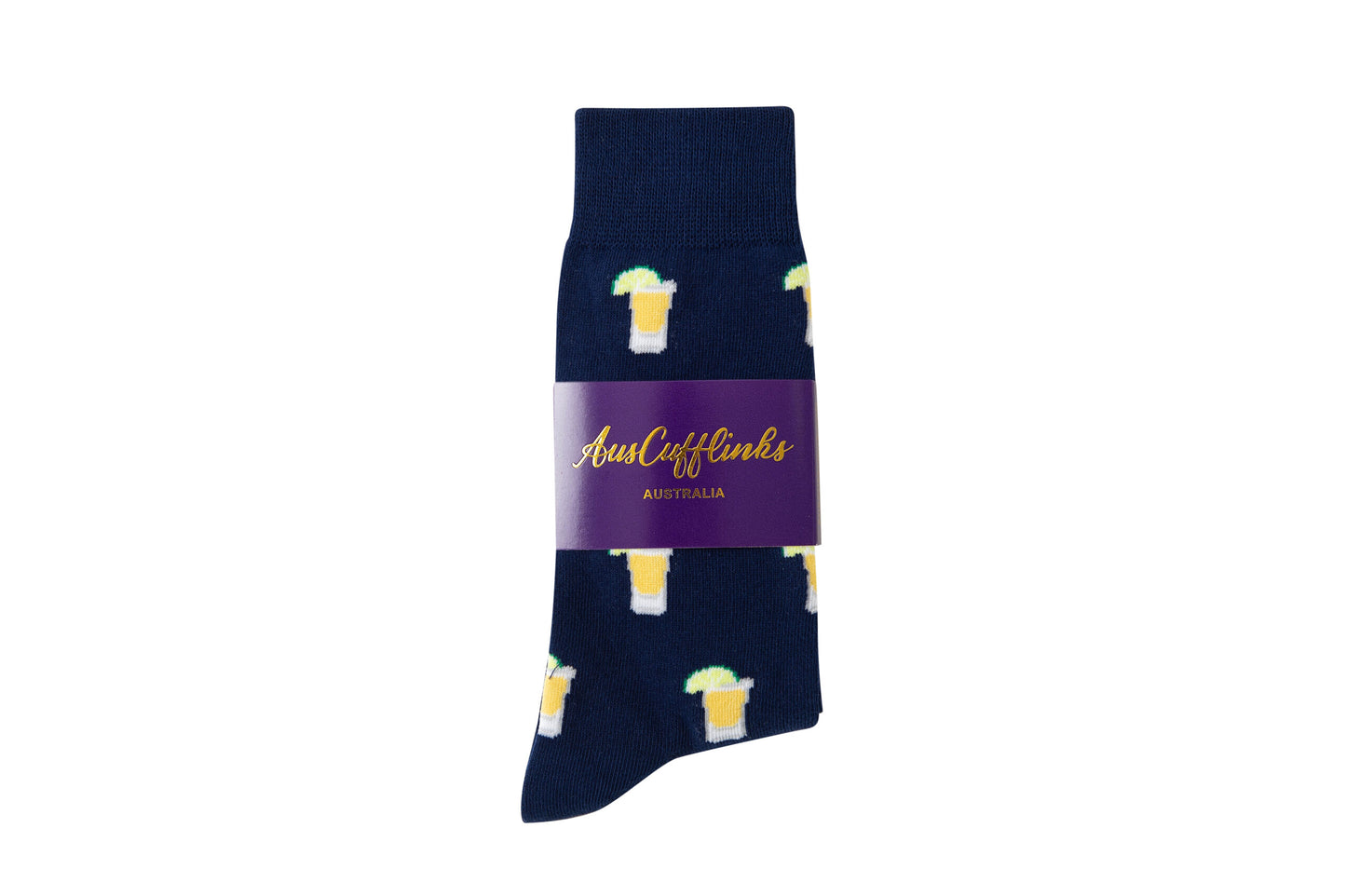 Tequila Socks: Navy blue party socks with beer glass patterns, ideal for tequila lovers, packaged with a purple "Auscufflinks Australia" label.