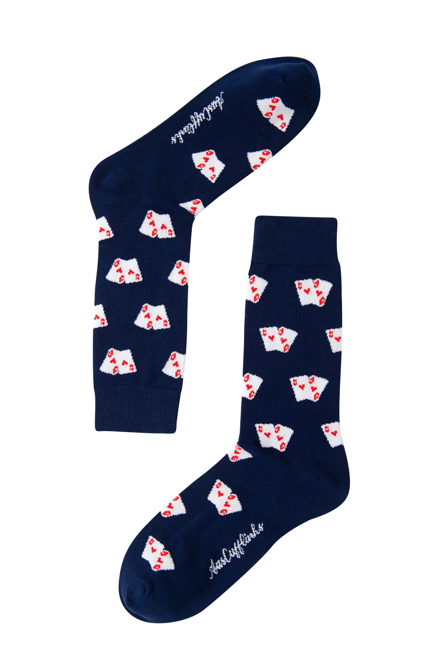 Poker Socks in navy blue with a playing card print and red aces—an ideal gift for poker players.