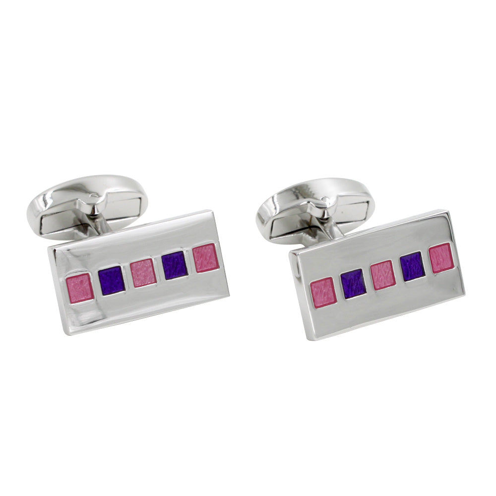 The Tiled Pink Purple Cufflinks feature a luxurious silver base adorned with an elegant pattern of alternating purple and pink squares, making them the ideal formal accessory.