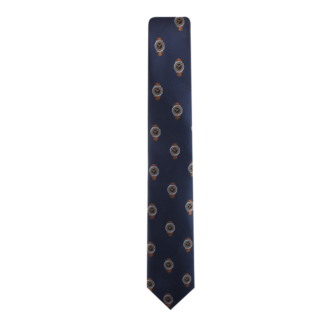 Timekeeper Necktie showcasing timeless elegance with a pattern of golden circular emblems, isolated on a white background.