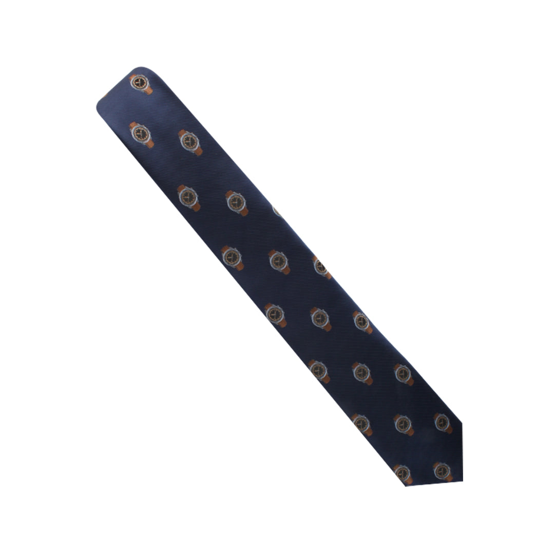 A navy blue Timepiece Necktie with a pattern of orange and yellow circular designs, reimagined against a white background.