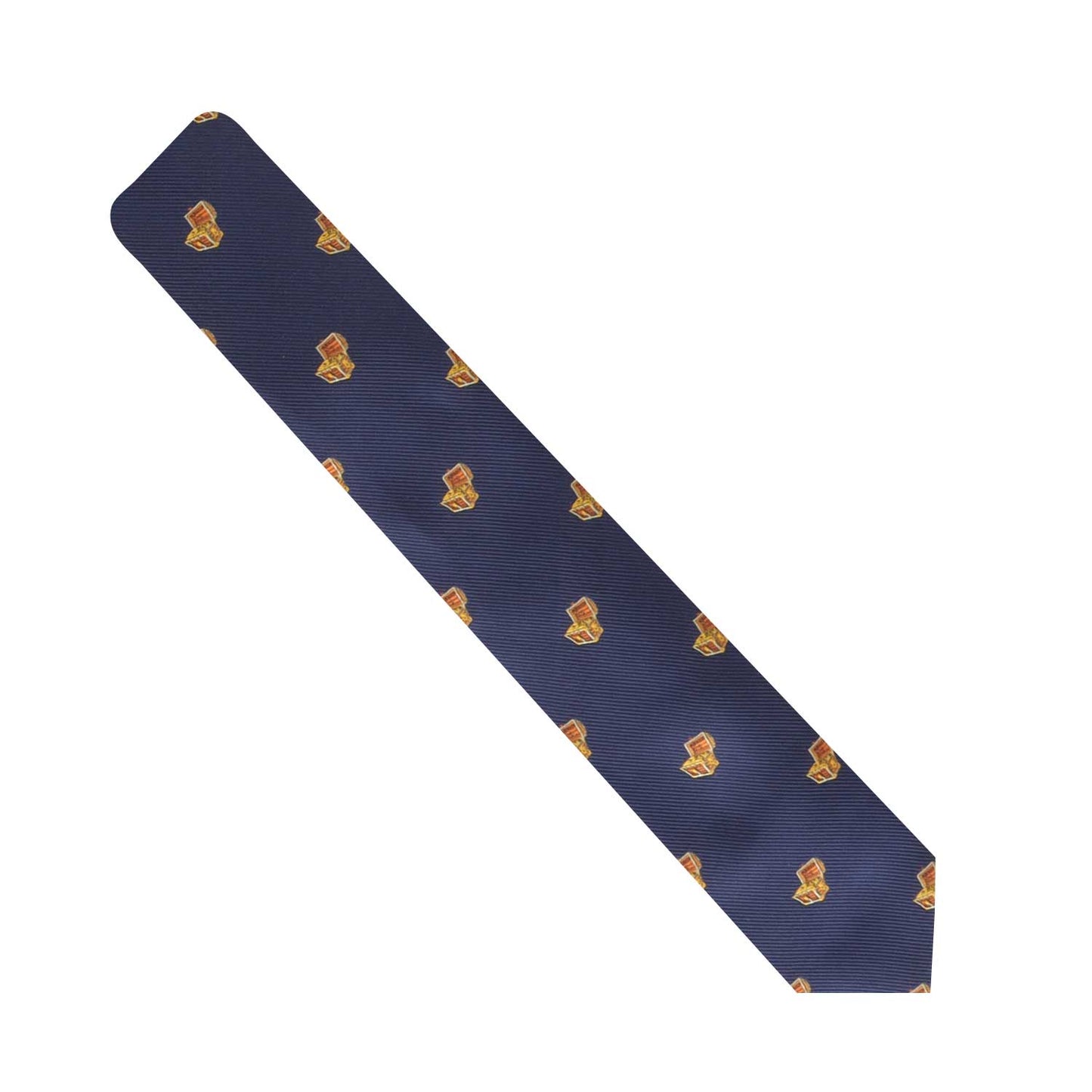 A Treasure Chest Thin Tie with a pattern of small crests on a white background, each crest waiting to uncover an adventure.