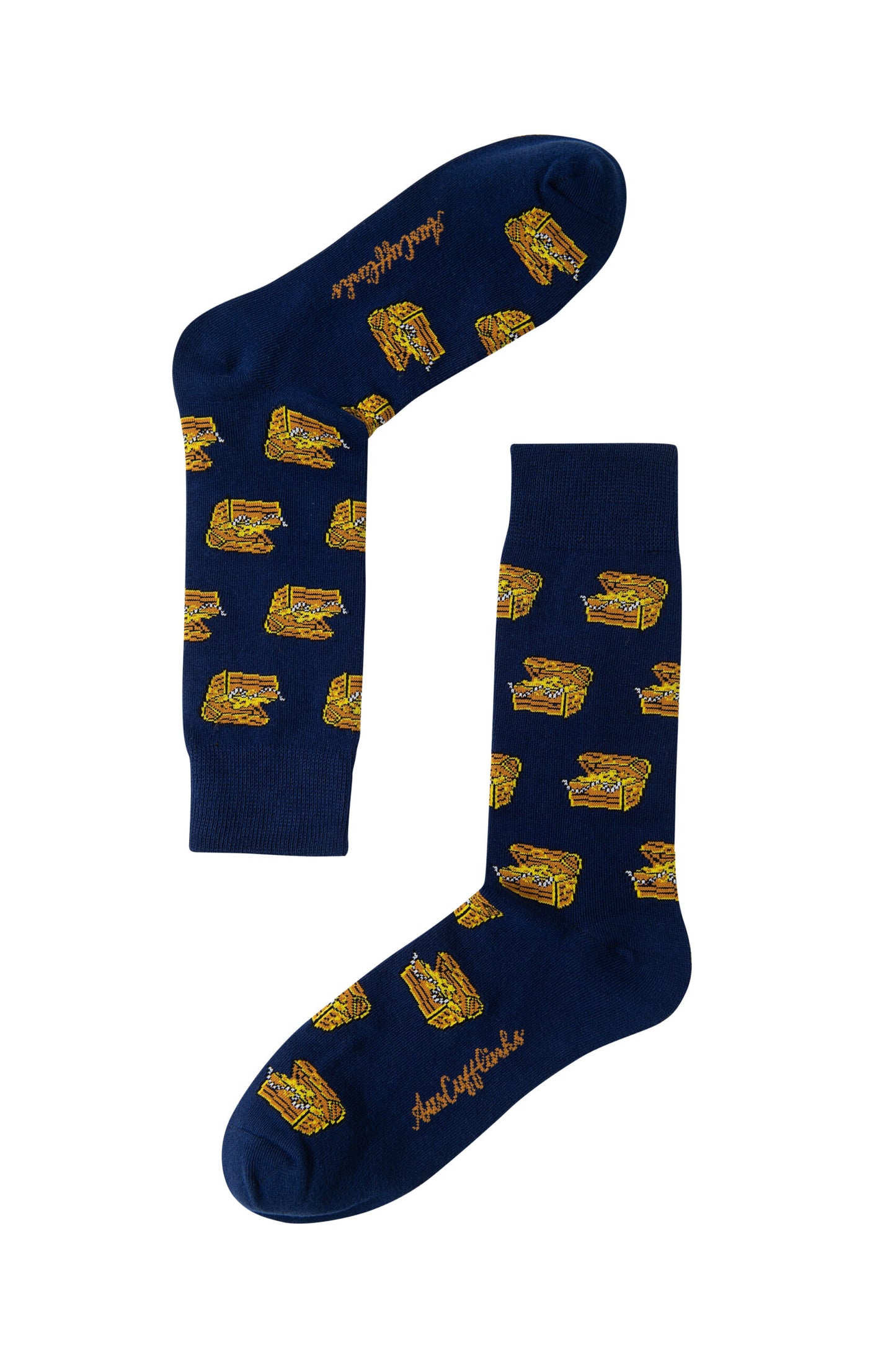 Introducing the Treasure Chest Socks: blue socks adorned with a stylish pattern of gold bricks and yellow script on the soles, making them a true hidden gem for your wardrobe.