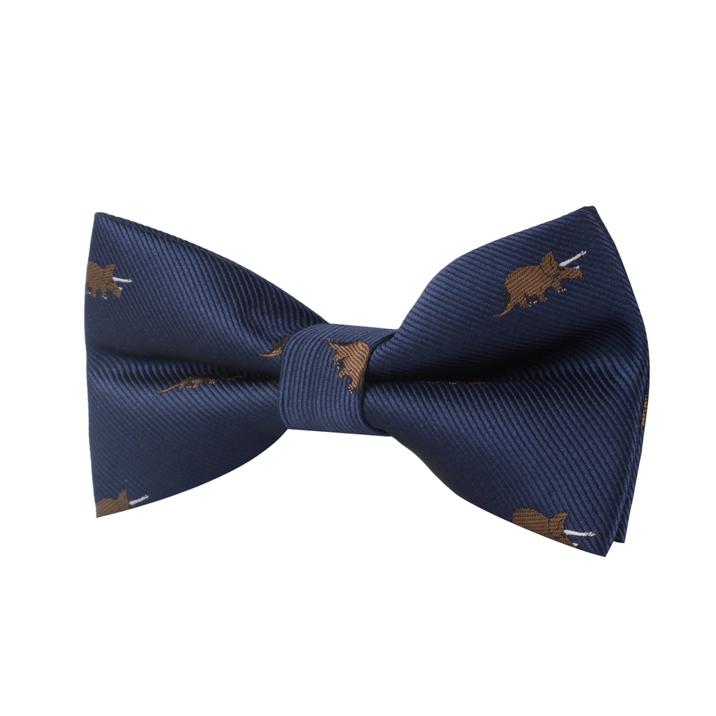 A Triceratops Bow Tie in navy blue features a delightful dinosaur print pattern with brown triceratops dinosaurs.
