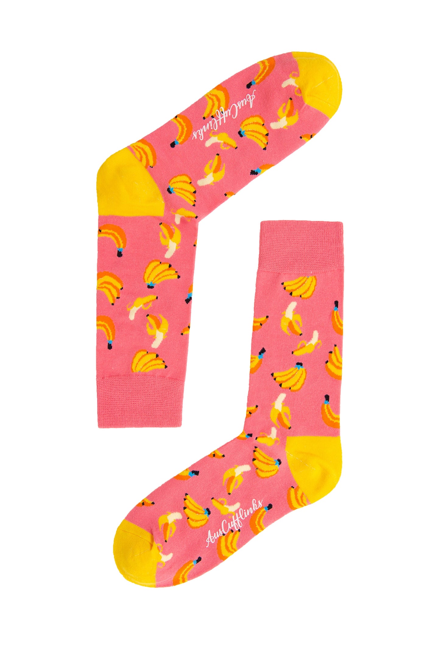 A pair of Banana Pink Socks with bananas on them.